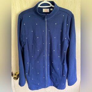 Quacker Factory Women's Marine Blue Cardigan Jacket w/ Rhinestones Full Zip Sz M